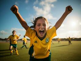 Brasilianer Kind feiert seine Fußball Teams Sieg ai generativ foto