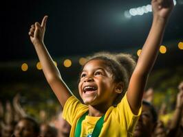 Brasilianer Kind feiert seine Fußball Teams Sieg ai generativ foto