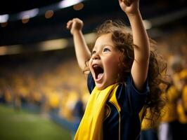 Brasilianer Kind feiert seine Fußball Teams Sieg ai generativ foto