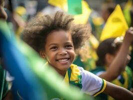 Brasilianer Kind feiert seine Fußball Teams Sieg ai generativ foto