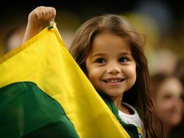 Brasilianer Kind feiert seine Fußball Teams Sieg ai generativ foto