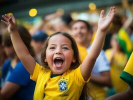 Brasilianer Kind feiert seine Fußball Teams Sieg ai generativ foto