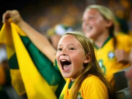 Brasilianer Kind feiert seine Fußball Teams Sieg ai generativ foto