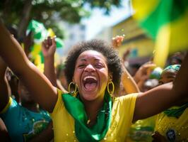 Brasilianer Frau feiert ihr Fußball Teams Sieg ai generativ foto