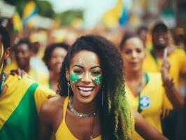 Brasilianer Frau feiert ihr Fußball Teams Sieg ai generativ foto