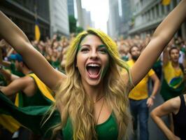 Brasilianer Frau feiert ihr Fußball Teams Sieg ai generativ foto