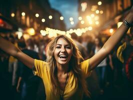 Brasilianer Frau feiert ihr Fußball Teams Sieg ai generativ foto