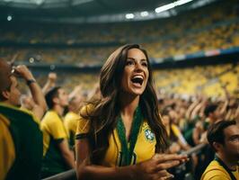 Brasilianer Frau feiert ihr Fußball Teams Sieg ai generativ foto