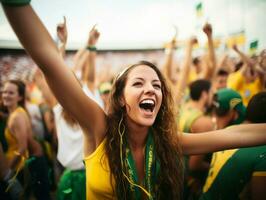 Brasilianer Frau feiert ihr Fußball Teams Sieg ai generativ foto