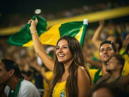 Brasilianer Frau feiert ihr Fußball Teams Sieg ai generativ foto