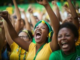 Brasilianer Frau feiert ihr Fußball Teams Sieg ai generativ foto