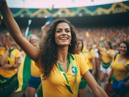 Brasilianer Frau feiert ihr Fußball Teams Sieg ai generativ foto