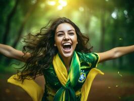 Brasilianer Frau feiert ihr Fußball Teams Sieg ai generativ foto