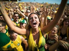 Brasilianer Frau feiert ihr Fußball Teams Sieg ai generativ foto