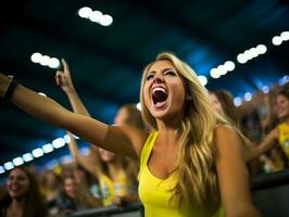 Brasilianer Frau feiert ihr Fußball Teams Sieg ai generativ foto