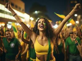 Brasilianer Frau feiert ihr Fußball Teams Sieg ai generativ foto