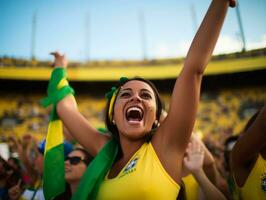 Brasilianer Frau feiert ihr Fußball Teams Sieg ai generativ foto