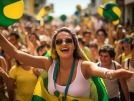 Brasilianer Frau feiert ihr Fußball Teams Sieg ai generativ foto