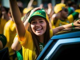 Brasilianer Frau feiert ihr Fußball Teams Sieg ai generativ foto