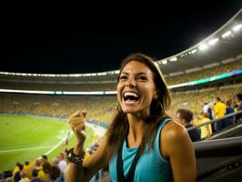 Brasilianer Frau feiert ihr Fußball Teams Sieg ai generativ foto