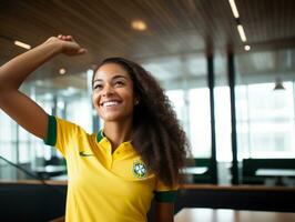 Brasilianer Frau feiert ihr Fußball Teams Sieg ai generativ foto