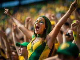 Brasilianer Frau feiert ihr Fußball Teams Sieg ai generativ foto