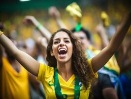 Brasilianer Frau feiert ihr Fußball Teams Sieg ai generativ foto