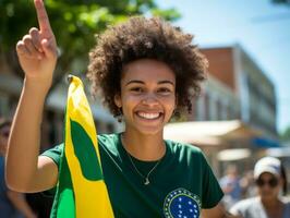 Brasilianer Frau feiert ihr Fußball Teams Sieg ai generativ foto