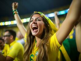 Brasilianer Frau feiert ihr Fußball Teams Sieg ai generativ foto