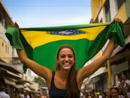 Brasilianer Frau feiert ihr Fußball Teams Sieg ai generativ foto