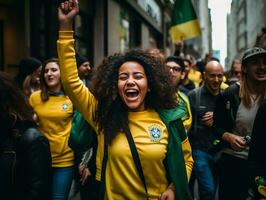 Brasilianer Frau feiert ihr Fußball Teams Sieg ai generativ foto