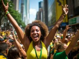 Brasilianer Frau feiert ihr Fußball Teams Sieg ai generativ foto