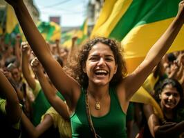 Brasilianer Frau feiert ihr Fußball Teams Sieg ai generativ foto