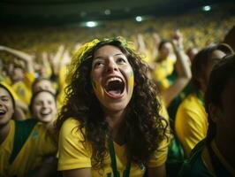 Brasilianer Frau feiert ihr Fußball Teams Sieg ai generativ foto