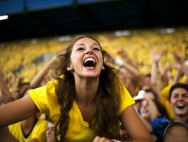 Brasilianer Frau feiert ihr Fußball Teams Sieg ai generativ foto