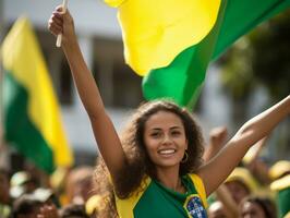 Brasilianer Frau feiert ihr Fußball Teams Sieg ai generativ foto