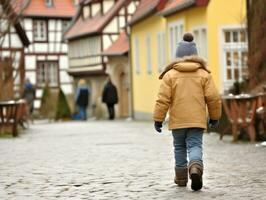 Kind genießt ein gemächlich Bummel durch das beschwingt Stadt Straßen ai generativ foto