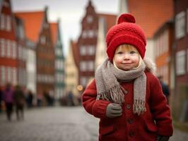 Kind genießt ein gemächlich Bummel durch das beschwingt Stadt Straßen ai generativ foto