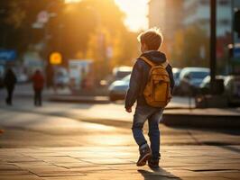 Kind genießt ein gemächlich Bummel durch das beschwingt Stadt Straßen ai generativ foto