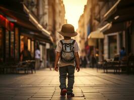 Kind genießt ein gemächlich Bummel durch das beschwingt Stadt Straßen ai generativ foto