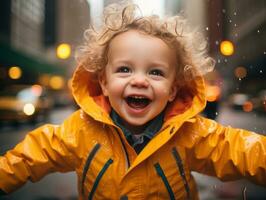Kind genießt ein gemächlich Bummel durch das beschwingt Stadt Straßen ai generativ foto