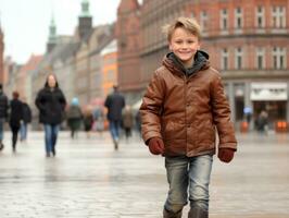Kind genießt ein gemächlich Bummel durch das beschwingt Stadt Straßen ai generativ foto