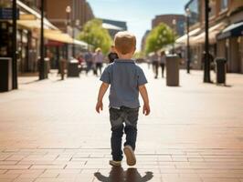 Kind genießt ein gemächlich Bummel durch das beschwingt Stadt Straßen ai generativ foto