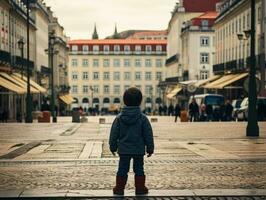 Kind genießt ein gemächlich Bummel durch das beschwingt Stadt Straßen ai generativ foto