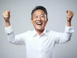 40 Jahr alt asiatisch Mann im emotional Pose auf Weiß Hintergrund ai generativ foto