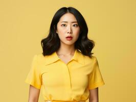 asiatisch Frau im emotional dynamisch Pose auf solide Hintergrund ai generativ foto