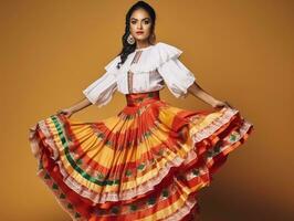 Mexikaner Frau im emotional dynamisch Pose auf solide Hintergrund ai generativ foto