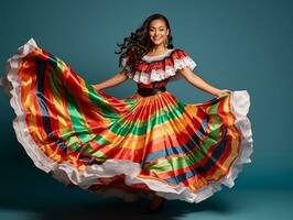 Mexikaner Frau im emotional dynamisch Pose auf solide Hintergrund ai generativ foto