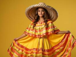 Mexikaner Frau im emotional dynamisch Pose auf solide Hintergrund ai generativ foto
