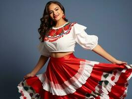 Mexikaner Frau im emotional dynamisch Pose auf solide Hintergrund ai generativ foto